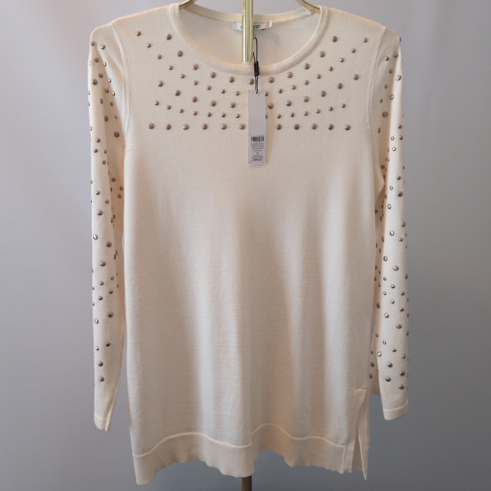 Chico's Studded Pullover Sweater Women 0/Small Cream Rayon Knit Embellished Top